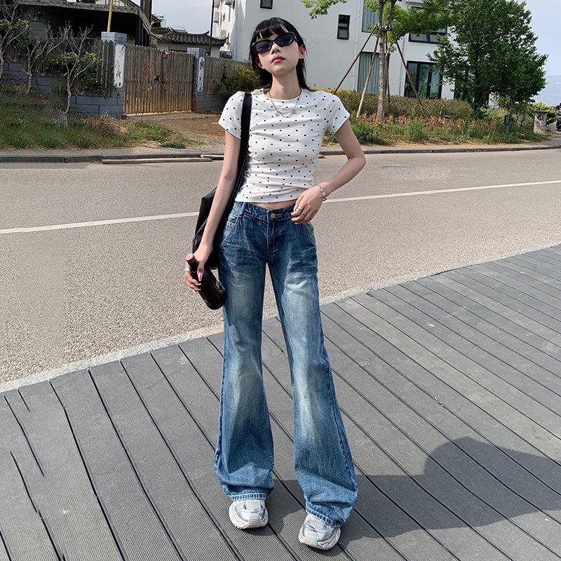 Women s 2024 Summer Retro Low-Waist Spicy Girl Micro-Flare Denim Pants - Slimming, Versatile, Loose Fit XS