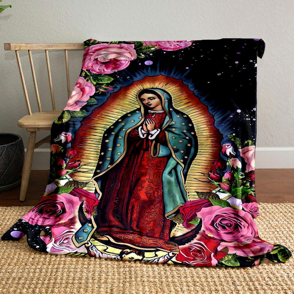 Our Lady of Guadalupe Floral Blanket Bedroom Blanket for Livingroom Couch Lunch Break Soft Throw for Friend's Festival Gift