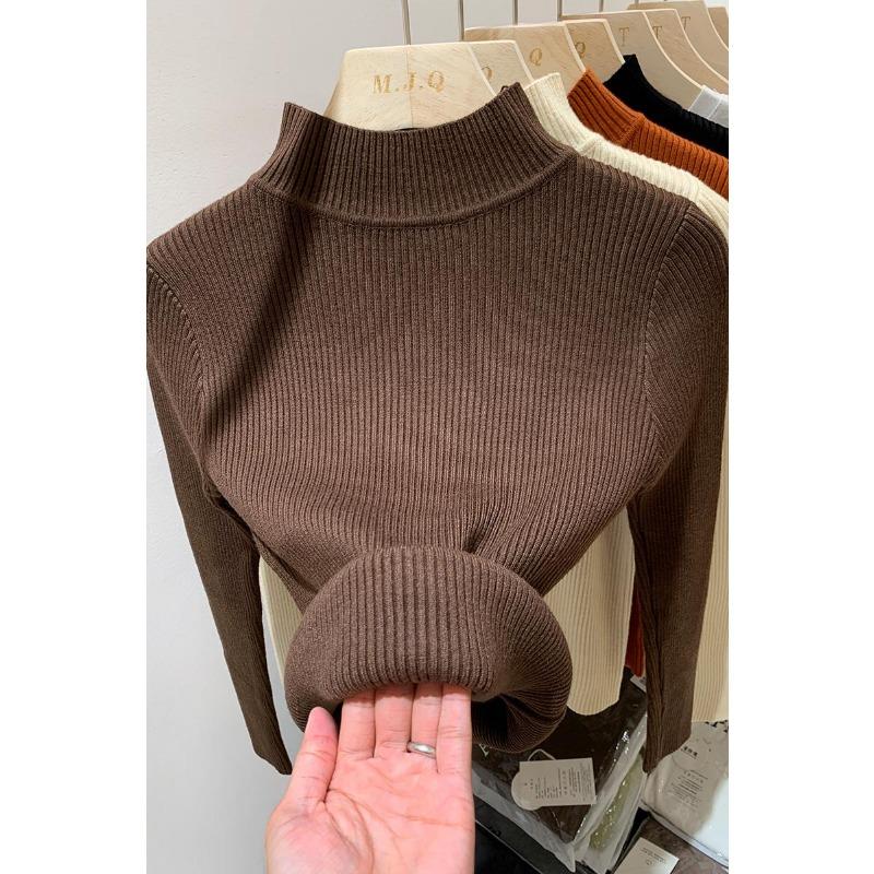 Fashion Women Knitted Bottoming Turtleneck Sweater Autumn Winter Long Sleeve Half High Collar Casual Simple Pullover Shirt Slim Fit Basic Thin Top