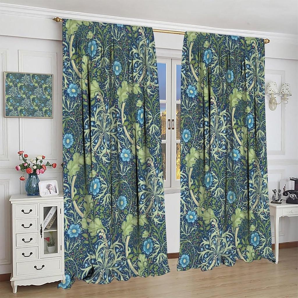 William Morris Floral Blackout Curtains   Country Farmhouse Flower Boho Retro Pattern Window Drapes   for Living Room Bedroom 21(W