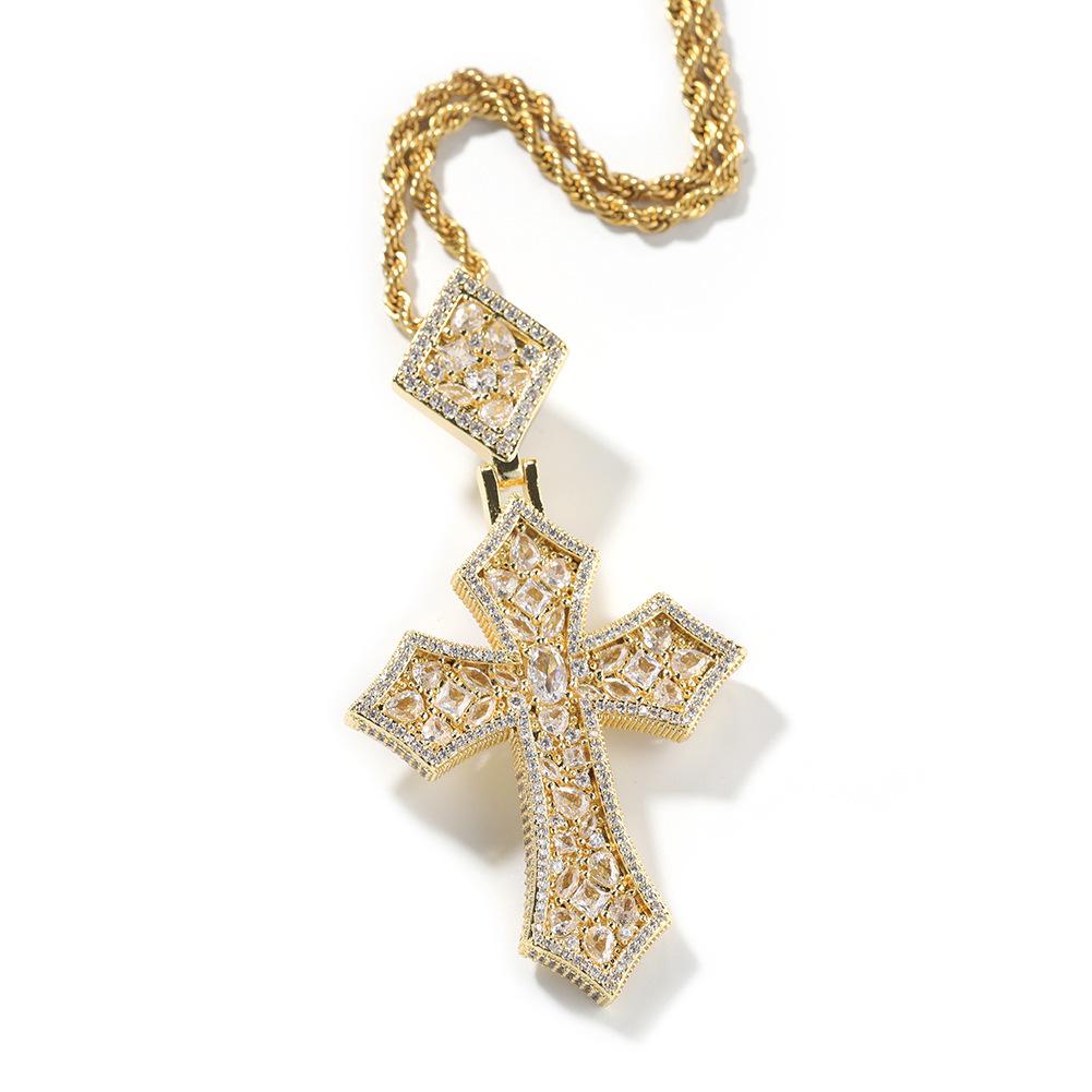 Hip Hop Copper Inlaid Colorful Zircon Diamond Buckle Cross Pendant, Unisex Trendy Necklace