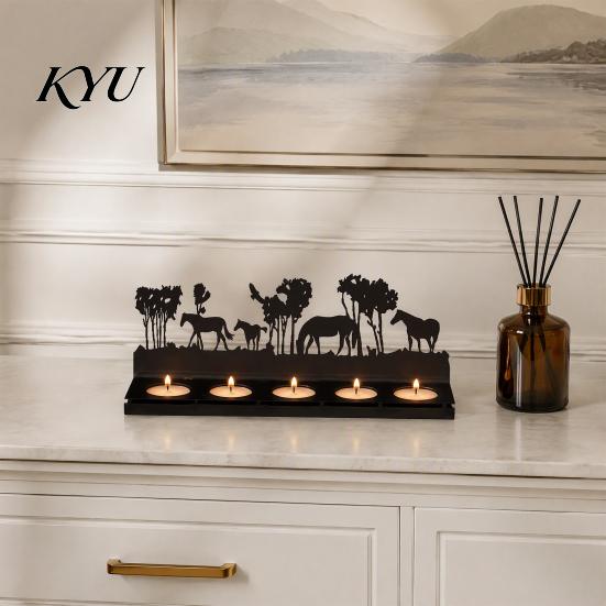Iron Candle Holder for Home Decor Metal Christmas Horse Tree Candlestick, Forest Shadow Modern Tabletop Centerpiece Holder, Holiday Mantel Table