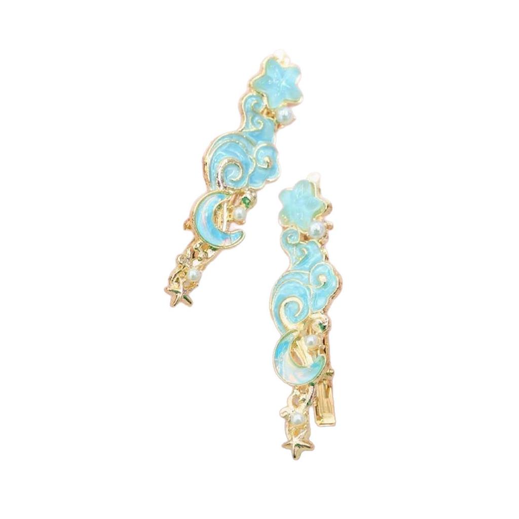 Dreamy Blue Fishtail Pearl Duckbill Clip for Fine Hair with Star Moon Design