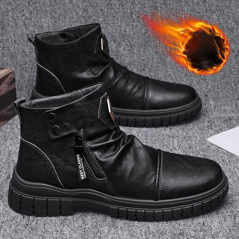 Men Retro Motorcycle Boots Autumn Winter Fashion British Style Plush Comfortable Short Boots Outdoor Travel Sports Leisure Shoes
