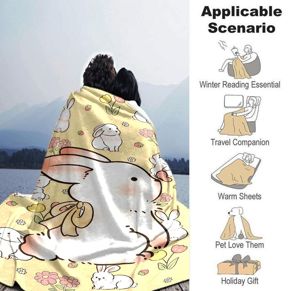 1pc Rabbit Flowers Blanket Lightweight Flannel Throw for Sofa Bed Travel Camping Livingroom Office Couch Chair