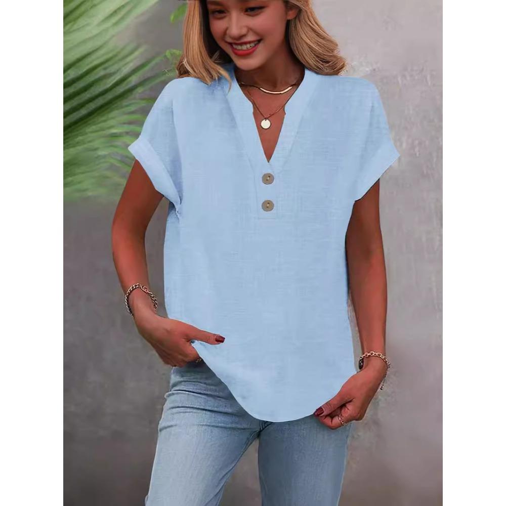 Fashionable Solid Color Stand Up Collar Button Women's Casual and Comfortable Short Sleeved Shirt