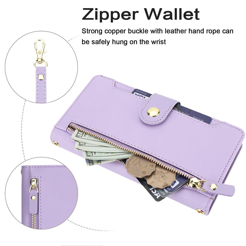Zipper Leather Wallet Flip Case For iPhone 17 Pro Max 16 15 14 13 12 11 16E 16Plus Luxury RFID Stand Book Long Lanyard Bag Cover