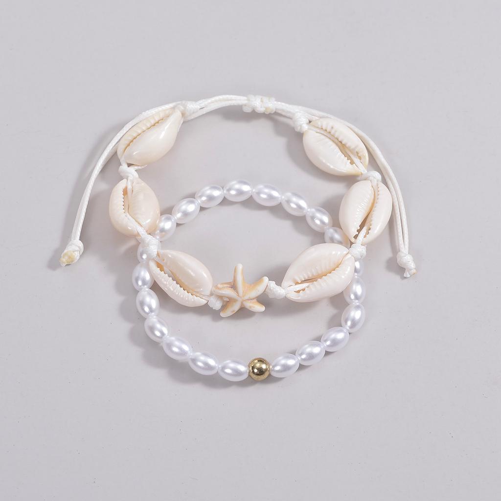 2 PCS Beach Vacation Style Fashion Imitation Pearl Shell Beaded Elastic Rope Bracelet Couple Jewelry Gift