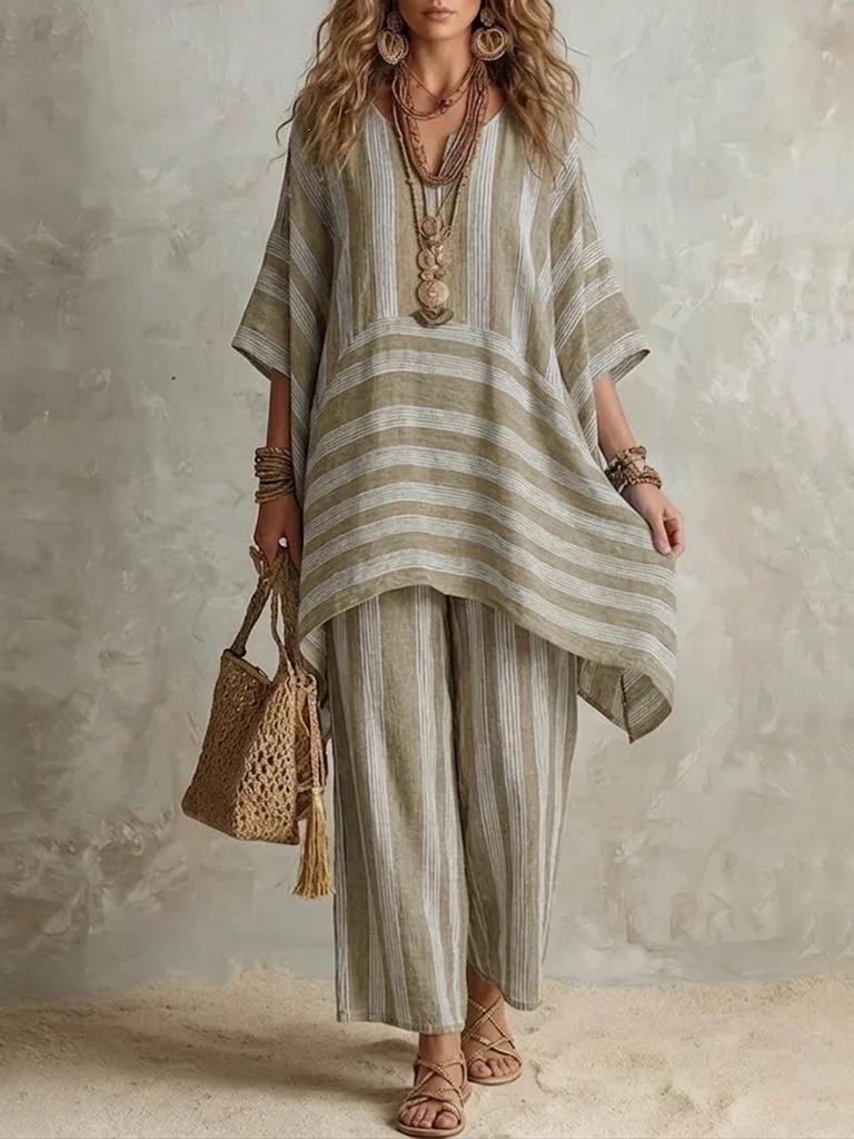 Dames gestreept print V-hals top met halve mouwen en wijde broek tweedelig set casual losse pasvorm zomeroutfit