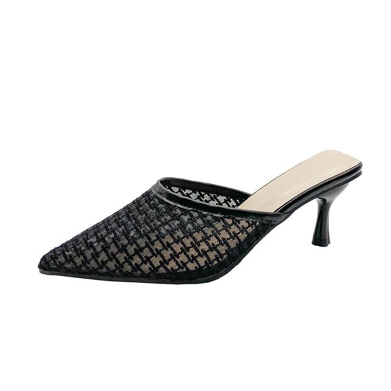 Summer Bag Head Half Drag Women Wear Thin Heels Retro Mesh High Heels Cool Slippers Pointed Shoes Women