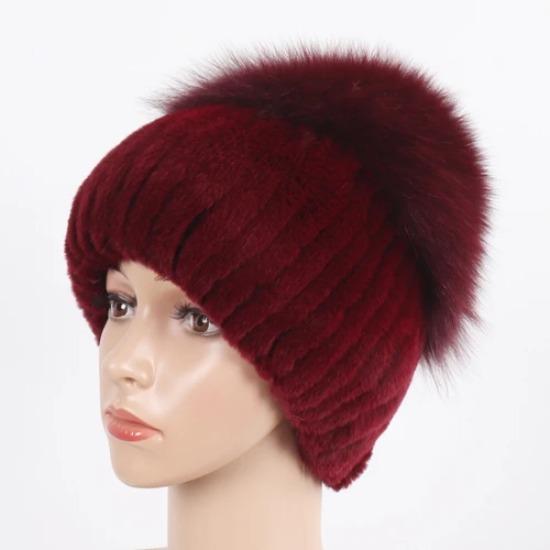 Women Winter Real Fur Hat Scarf 2 Pieces Knitted Rex Rabbit Fur Hat Top Natural Fox Fur Cap Scarves Sets Lady Warm Real Fur Caps