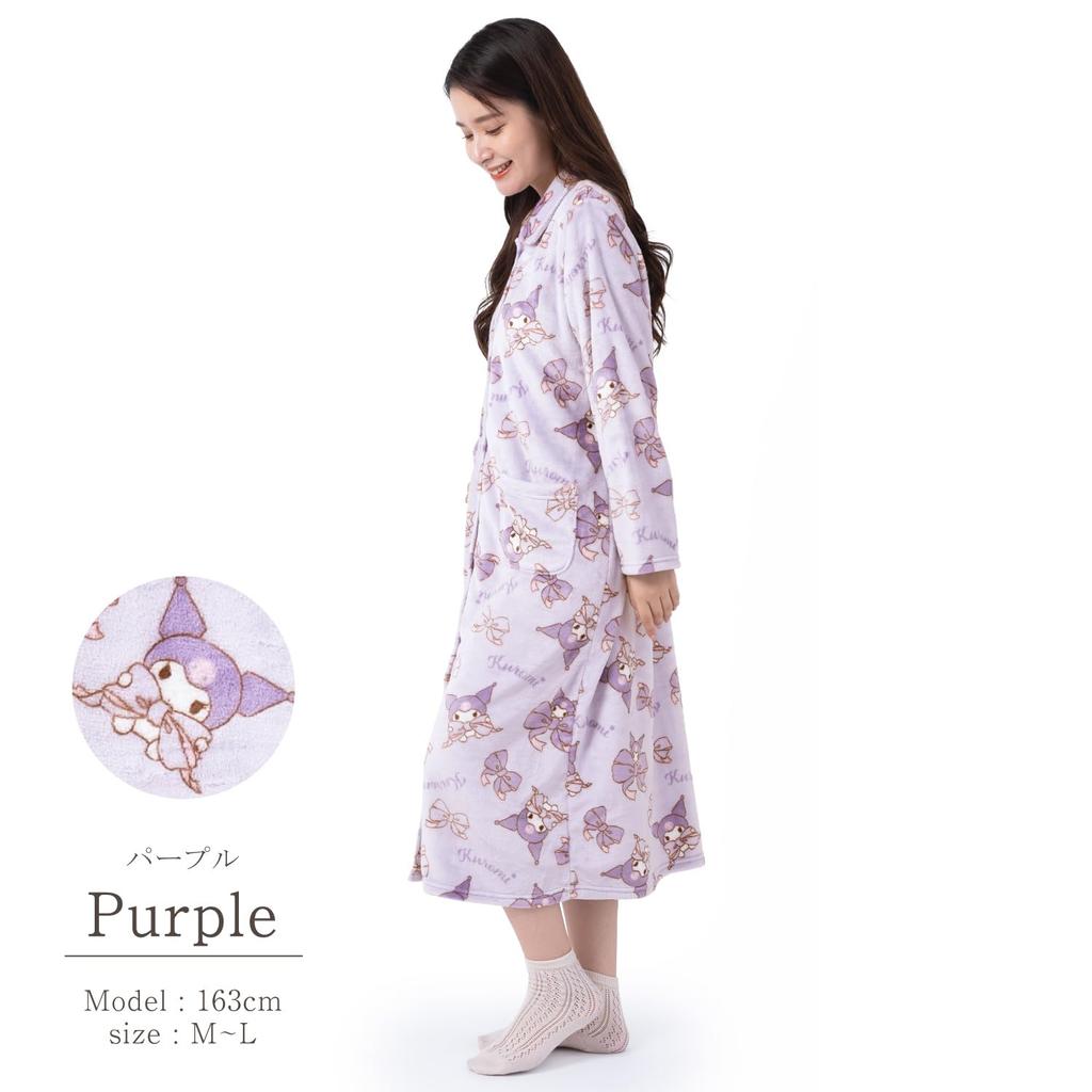 Kuromi Front Ribbon Kuromi [SAZAC] Dress, Nightgown, Flannel, Women's, Button, Loungewear, (Purple/M-L/SAN1751)