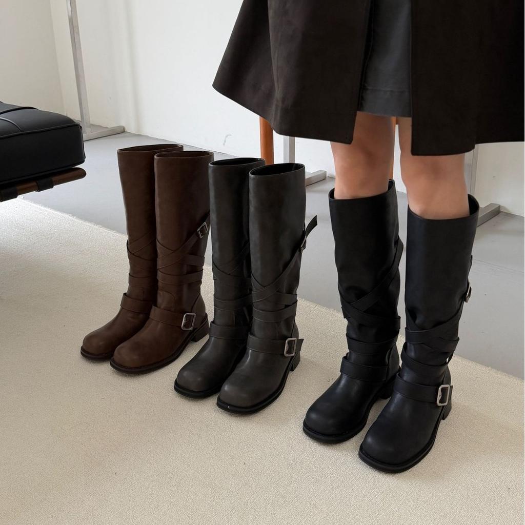 Autumn and winter versatile French retro old square head western cowboy boots women's tall thick heel knight boots women