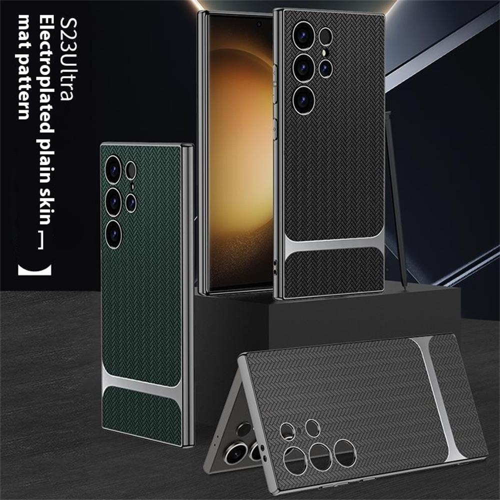 For Samsung Galaxy S23 Ultra Case Woven Pattern Electroplating TPU+PC+PU Phone Back Cover