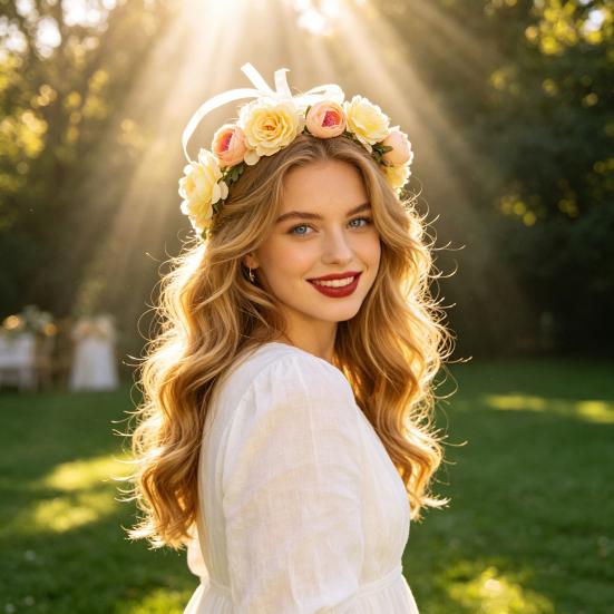 Bridal Flower Crown Bohemian Rose Flower Crown Summer Holiday Flower Headband Floral Hair Accessory for Wedding Bridesmaid Beach Vacation