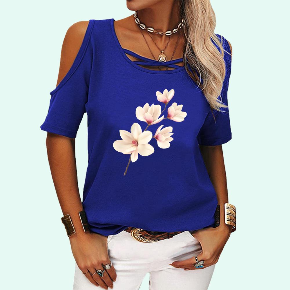 Women Casual Short Sleeve T-shirt Summer Fashion Off Shoulder Top Round Neck Floral Print Tee Shirt Pullover Ladies T-shirt