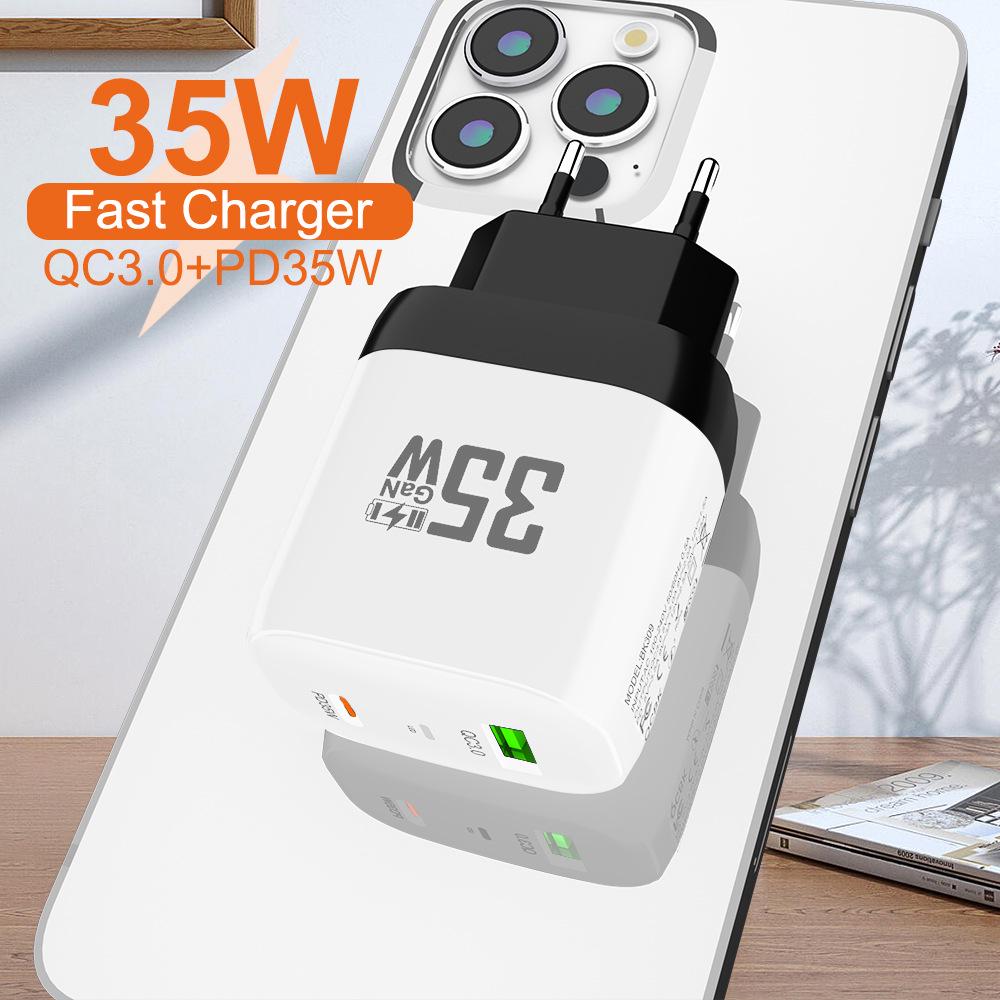 35W GaN Fast Charger with QC 3.0 & PD, Compatible with European & American Standards (9V/12V)