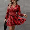 Women's Summer Casual Fashion V Neck Ruffle Waist Floral Print Midi Dress