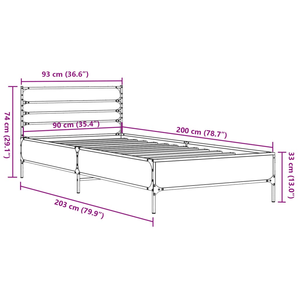 Bed Frame In Sonoma Oak Finish 90 X 200 Cm Made of Engineered Wood and Metal