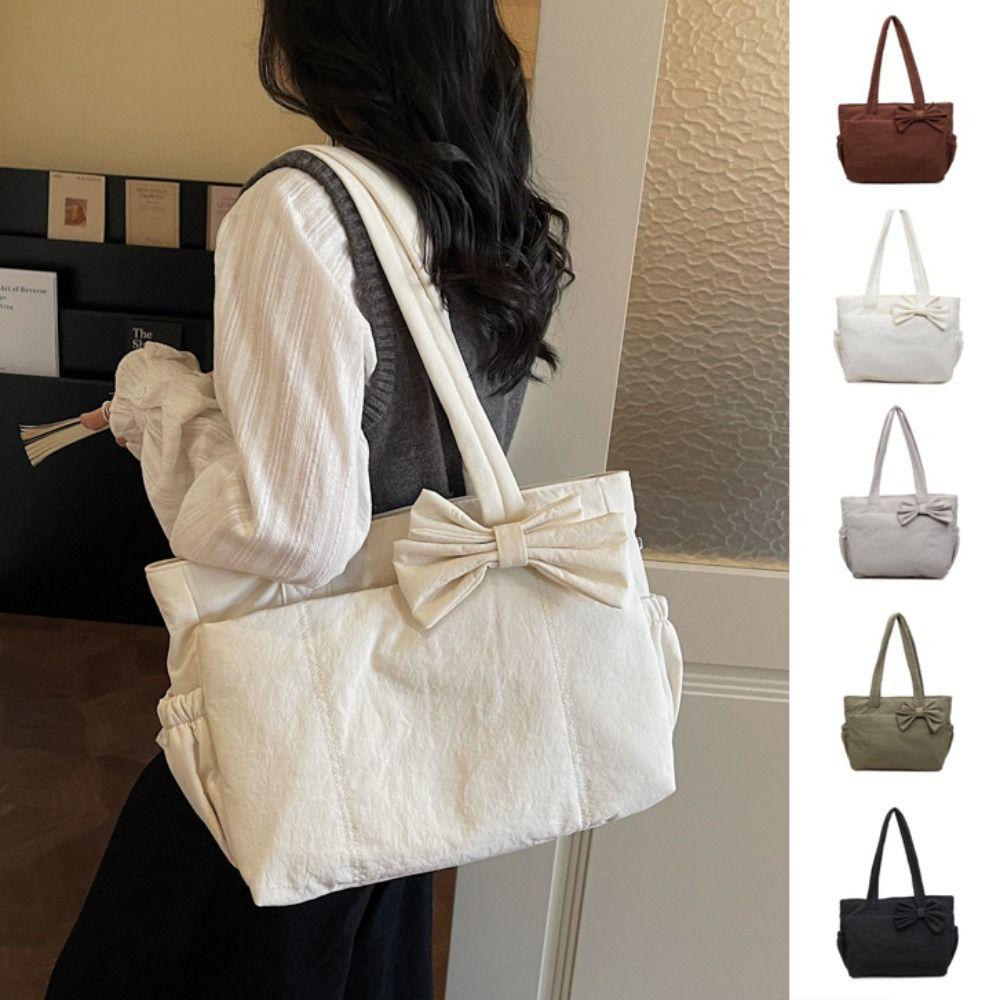 Large Capacity Cotton Padded Shoulder Bag Solid Color Nylon Handbag Bow Tote Bag Travel Bag