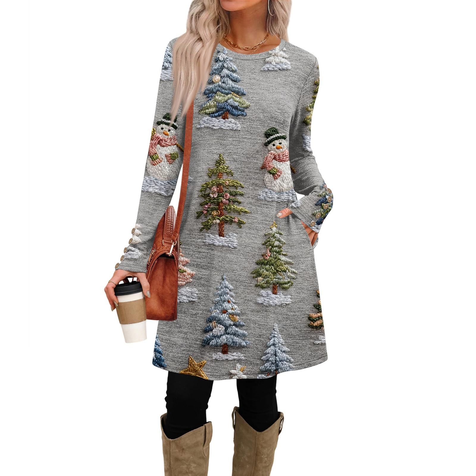 

Women s Fashion Casual Dress With Pockets, Decorative Buttons, Christmas Prints, Round Neck And Long Sleeves XL арбуз красный