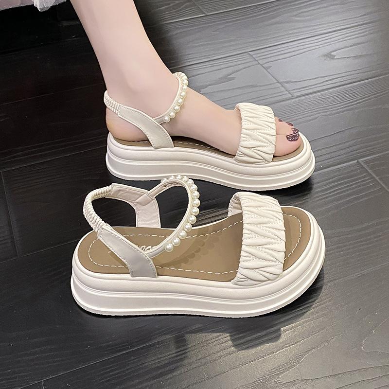 Muffin platform Roman sandals fairy fairy wind summer flat pearl strap elastic sandals large size