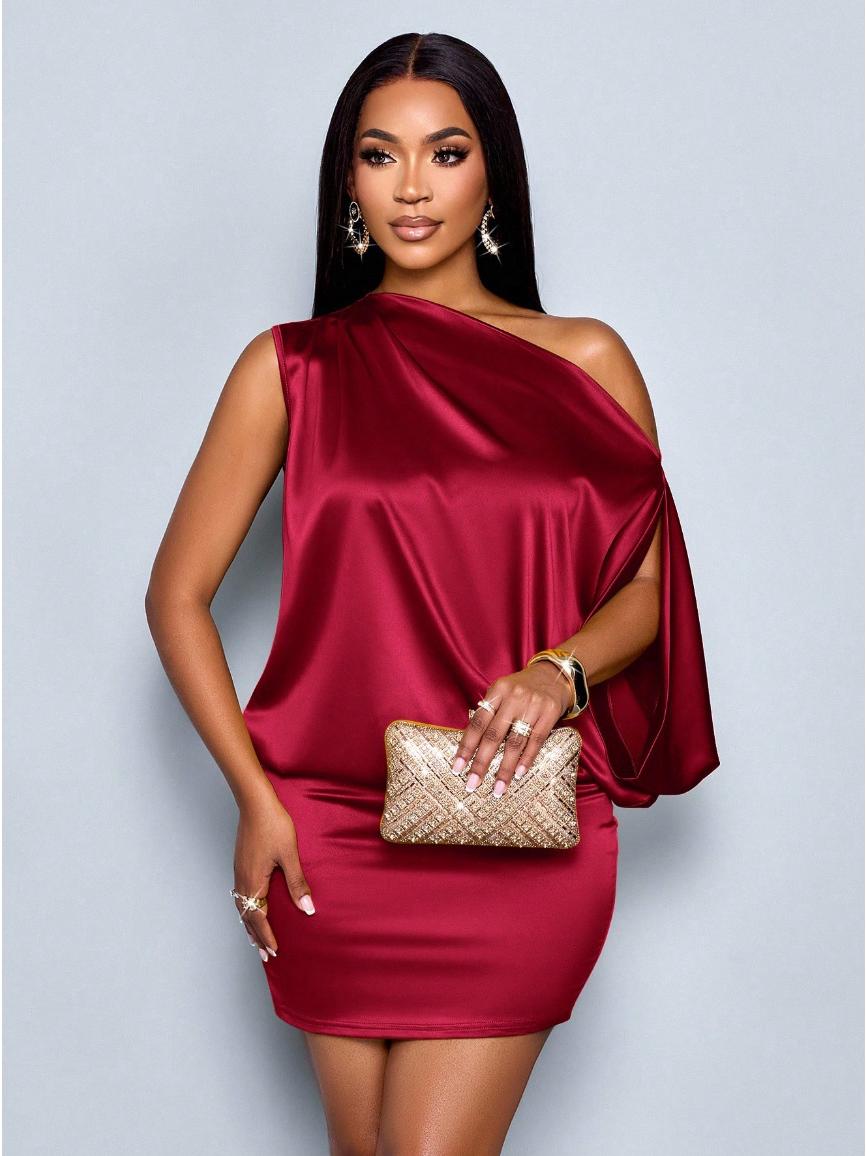 

Silky Red One-Shoulder Bodycon Satin Dress for Valentine s Day & Parties M бордовый