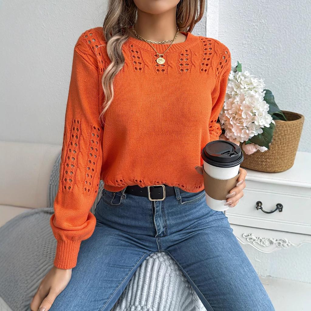 GMXIA Autumn and Winter Casual Solid Color Hollowed-out Lantern Sleeve Pullover Sweater Women's Wear