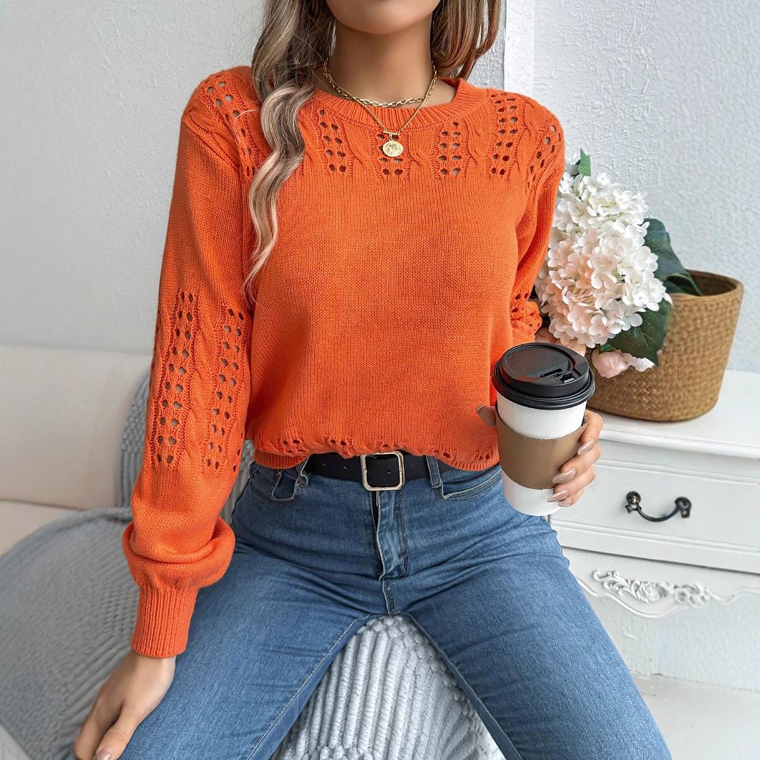

GMXIA Autumn and Winter Casual Solid Color Hollowed-out Lantern Sleeve Pullover Sweater Women s Wear S