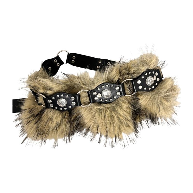 

Edgy Punk Studded Furry Belt with Faux Leather Trim Coffee/Black Waist Cincher Band Gothic Cowgirl Waist Jewelry Unisex