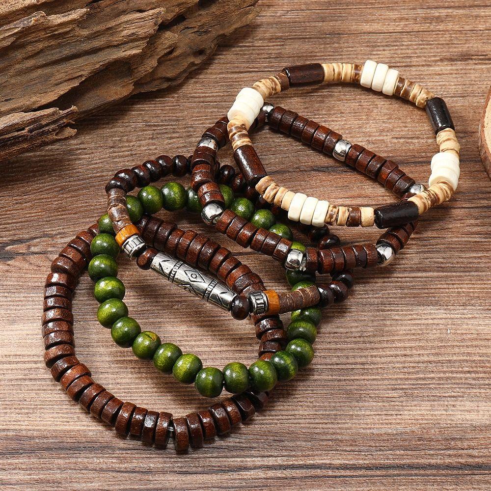 5/6 pcs/set Wood Bead Bracelet Set Bohemian Style Hand Ring Geometric Men Bracelets Male