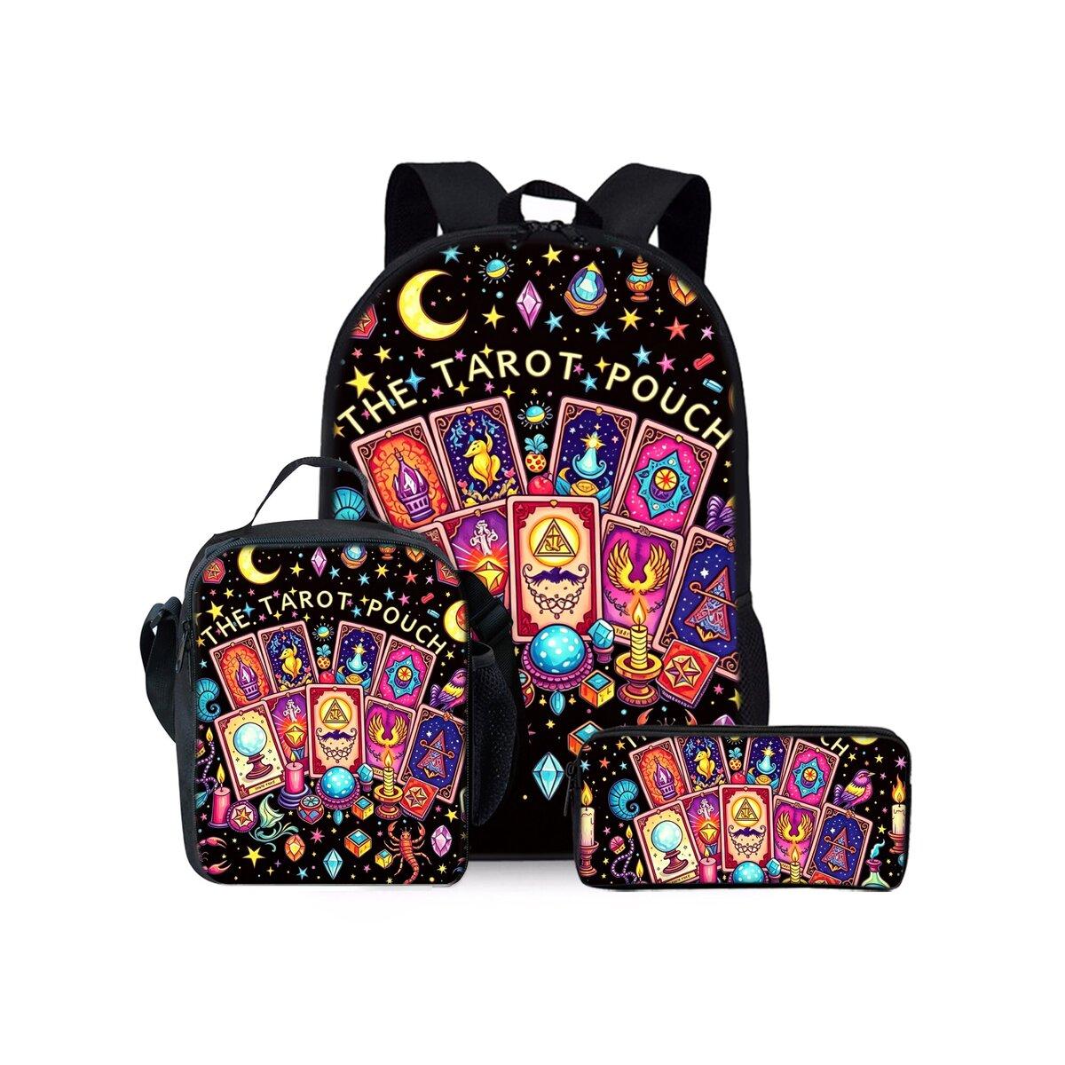 Ensemble de Sacs à Dos Trois Pièces Imprimé Cartes de Tarot pour Garçon et Fille Meilleurs Cadeaux Sac à Dos Scolaire Plat Dessin Animé 2D pour Enfants