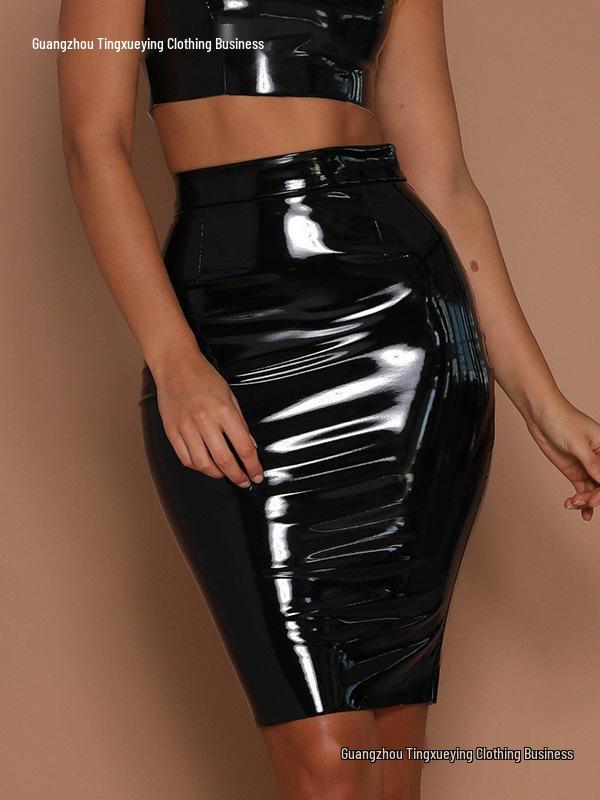 European Style Shiny Leather Hip-Hugging Midi Skirt - Trendy and Waist-Cinching Women’s Fashion Piece