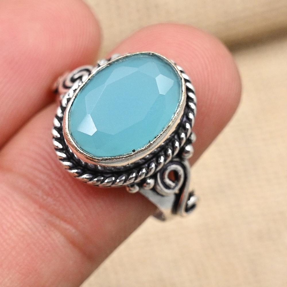 Blue Chalcedony Ring 925 Sterling Silver Handmade Lab-Created Jewelry For Anniversary Gift
