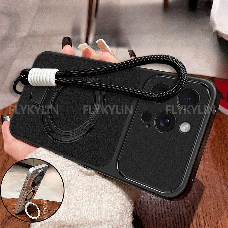 Magnetic Stand Bracket Phone Case For iPhone 17 16 15 14 13 12 11 Pro Max Plus PU Lambskin Leather With Wrist Strap Soft Cover