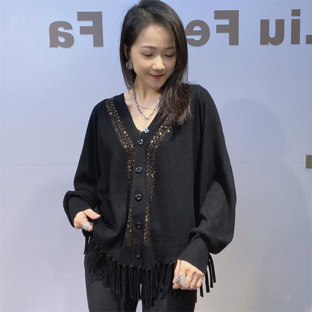 Nový kardigan s pláštěnkou s výstřihem do V, pletený volný svetr s netopýřími rukávy a třásněmi, dámský šál s dlouhým rukávem na podzim a zimu