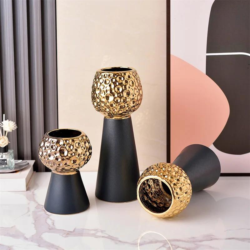 Gold-plated Hammer Pattern Ceramic Vase Creative Plant Pots Table Decoration Flower Arrangement Floral Vase Room Aesthetic Decor