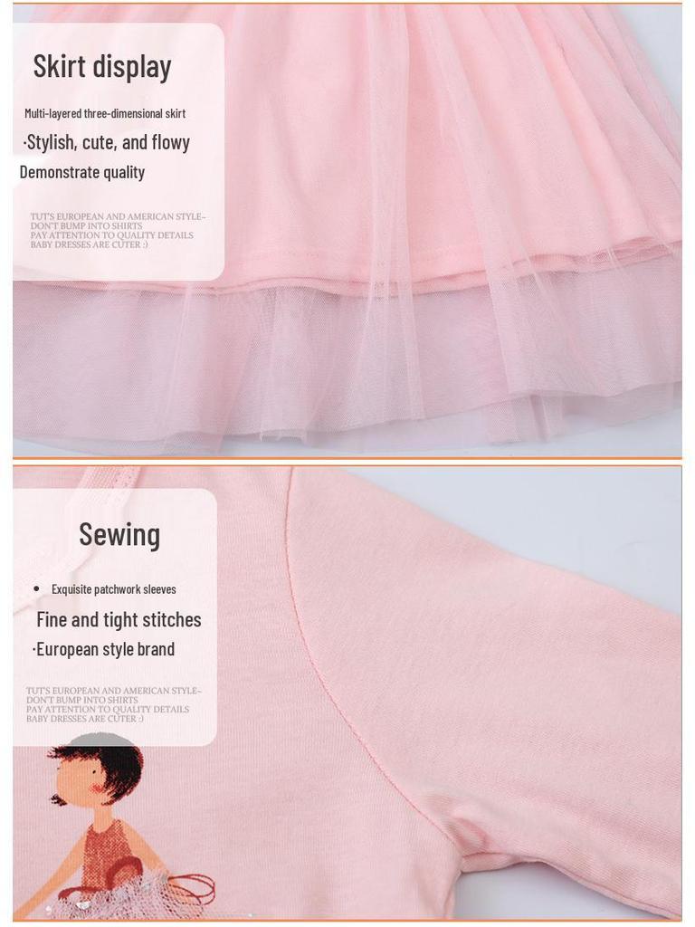 European Style Cartoon Girls' Long-Sleeve Mesh Princess Dress for Autumn