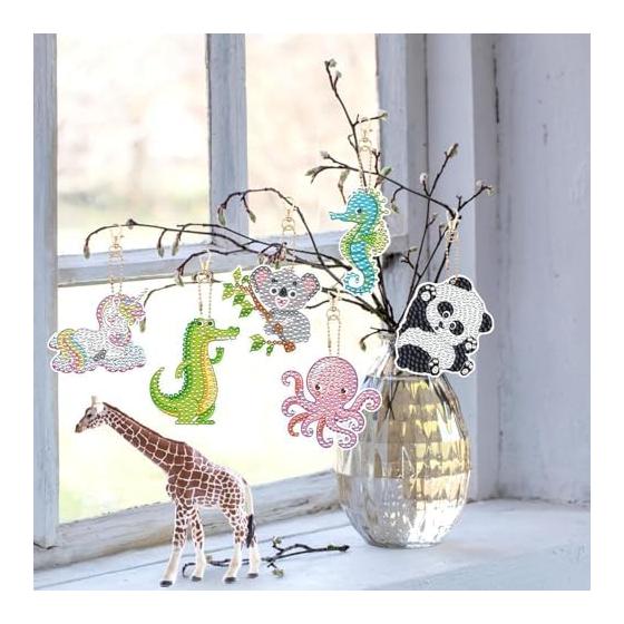 Diamond Art Animal Set of 15 Keychain DIY Kit Rhinestone Glitter Beads Charm Diamond Painting Pendant