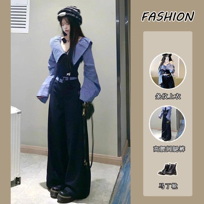 

Pure desire style Spice girl suit women s spring Korean version one-word shoulder striped splicing shirt top high waist wide leg pants XL