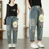 Cartoon Printed Jeans Female 2025 Summer Drawstring High Waist Denim Pants Women Streetwear Hole Jeans