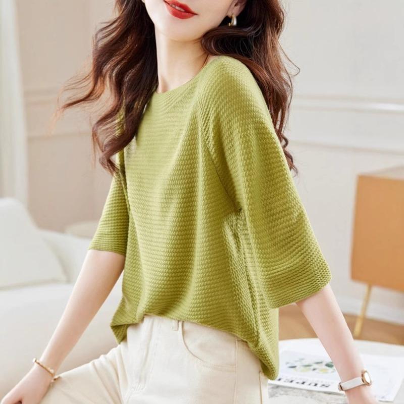 Crew neck medium sleeve T-shirt women's spring and summer new elegant style loose thin knitted sweater fashion pullover sweater women