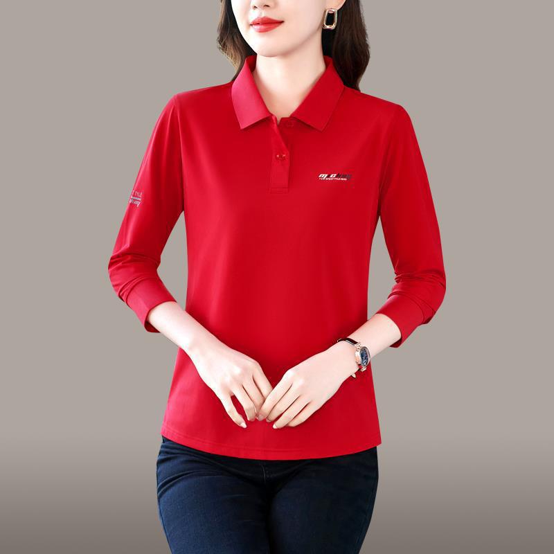 

Футболка с длинным рукавом для женщин, тонкий стиль, для мамы, осенний топ из ледяного шелка, футболка-поло с лацканами для женщин среднего возраста 5XL