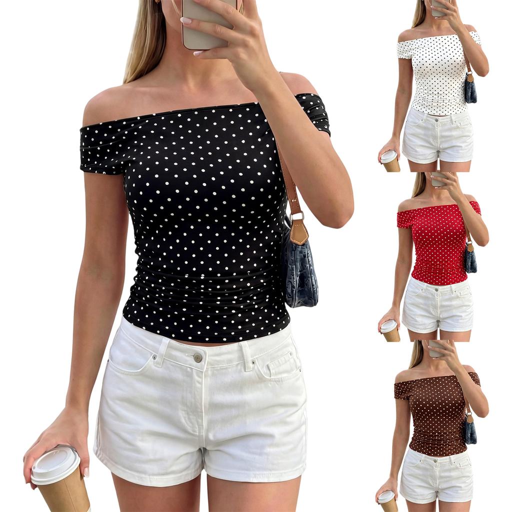 Women’s Off Shoulder Polka Dot Slim Fit Top Casual Short Sleeve Stretchy Blouse for Summer Fashion and Everyday Wear