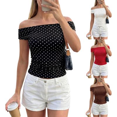 Women’s Off Shoulder Polka Dot Slim Fit Top Casual Short Sleeve Stretchy Blouse for Summer Fashion and Everyday Wear