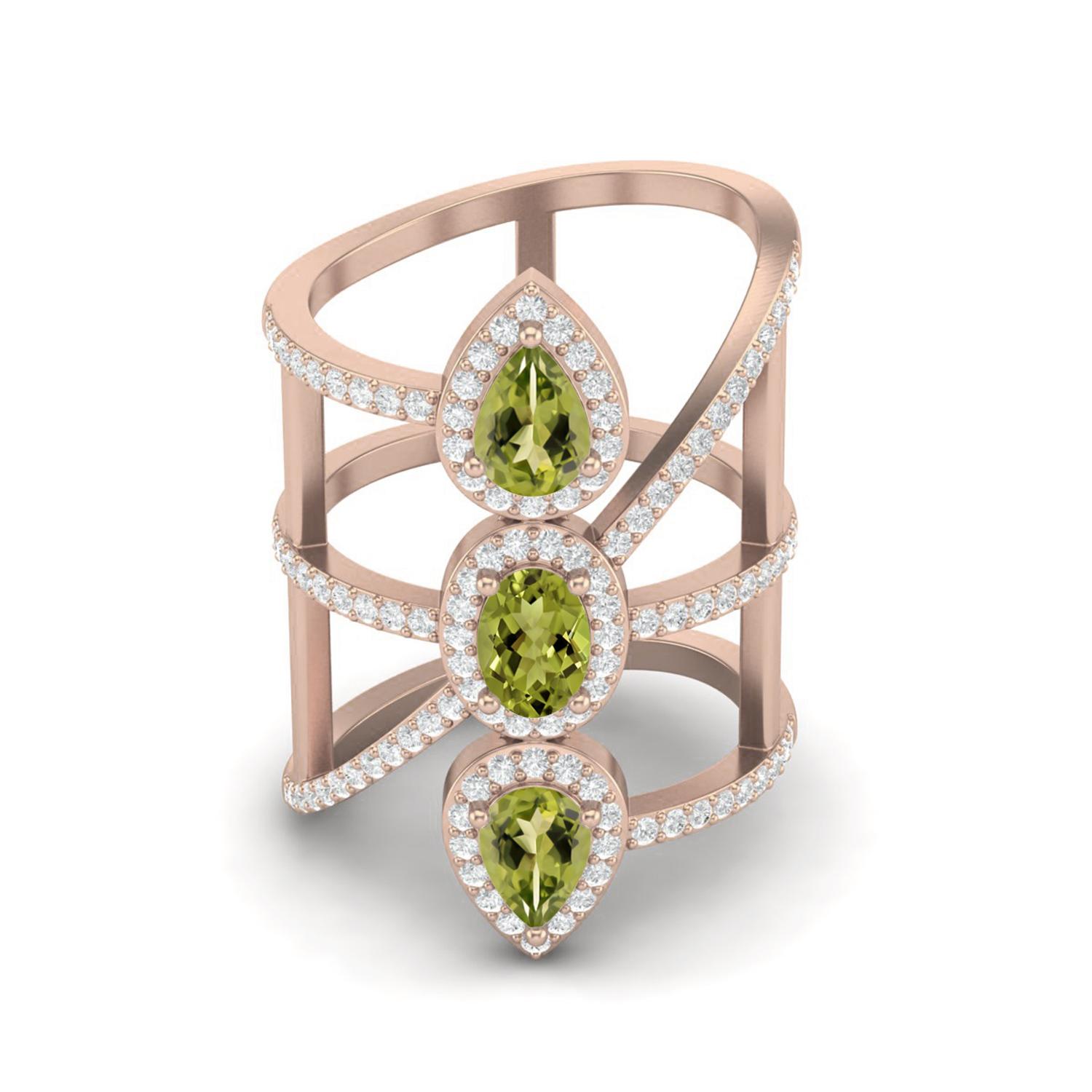 2.7 Ct Pear Peridot 925 Sterling Silver Rose Vermeil Vertical Long Finger Women Wedding Ring 6