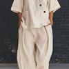 Damen 2-teiliges Outfit: Lässiges Kurzarm-Top mit Knopfleiste und V-Ausschnitt sowie lange Hose mit Taschen, Loungewear-Set für den Sommer, locker geschnitten
