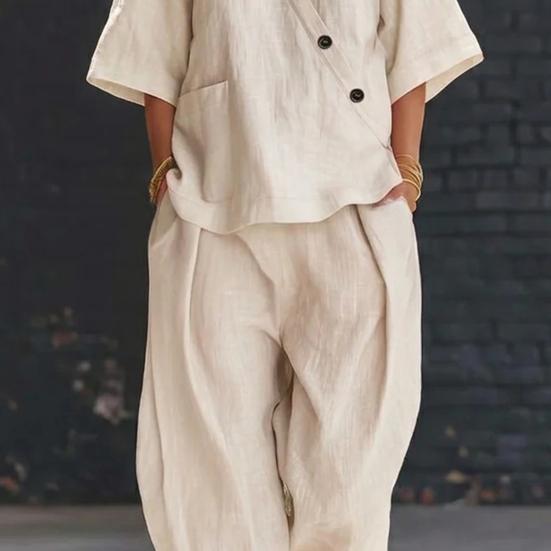 Damen 2-teiliges Outfit: Lässiges Kurzarm-Top mit Knopfleiste und V-Ausschnitt sowie lange Hose mit Taschen, Loungewear-Set für den Sommer, locker geschnitten