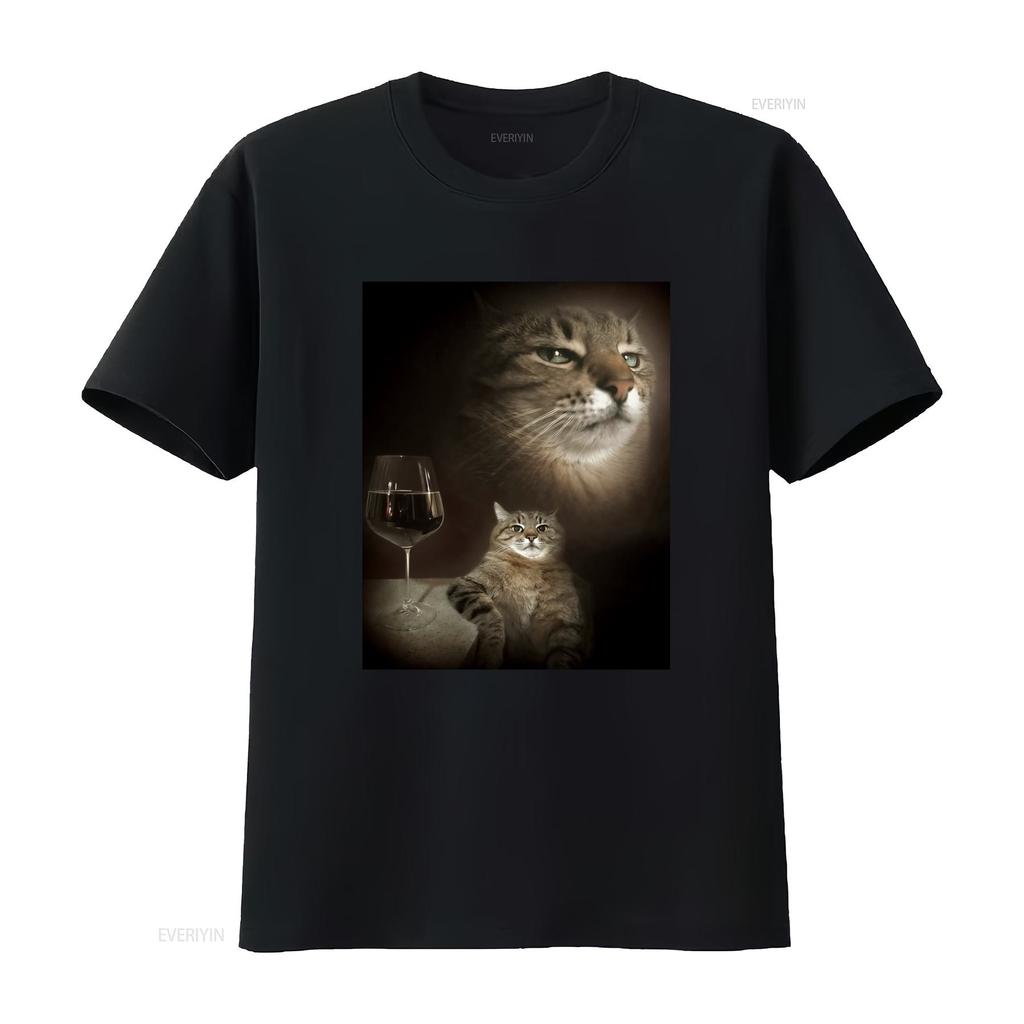 Funny Cat and Wine Art Print T Shirt for Lovers vintage Washed Comfortable streetwear fashion Soft Stretched Casual