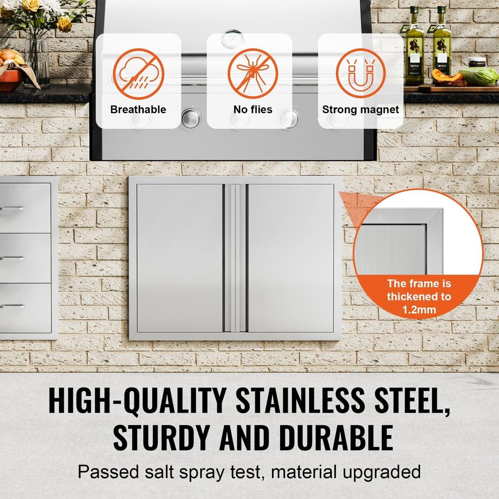 BBQ Access Door, 787x609 Mm Double Outdoor Kitchen Door, Stainless Steel Flush Mount Door, Wall Vertical Door with Recessed Handles , for BBQ Island,